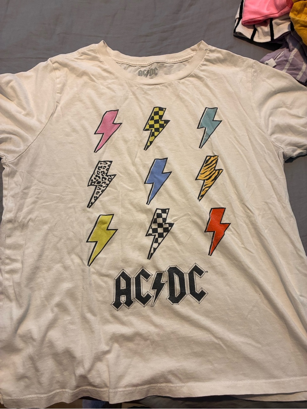 AC/DC White Tee with Multicolor Lightning Bolt Graphics